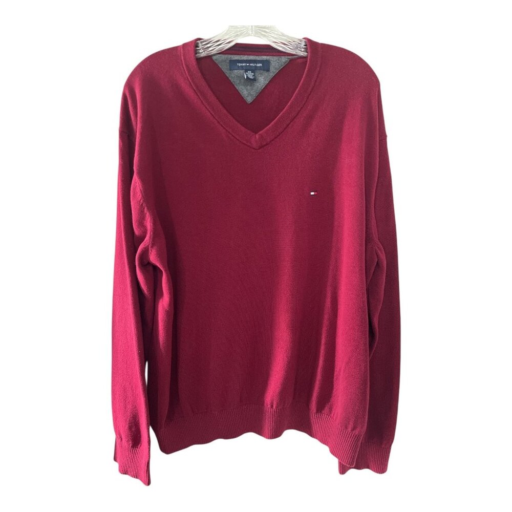 Tommy Hilfiger Men’s XXL V-Neck Sweater Red Cotton Pullover